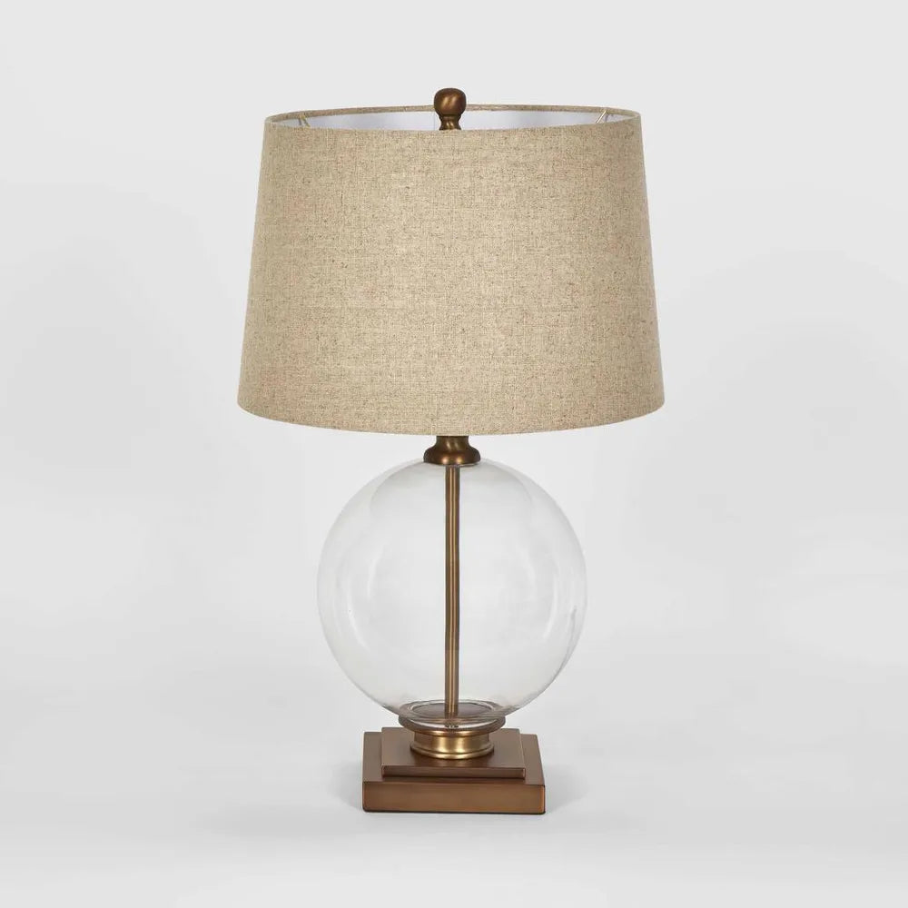 Antique Brass & Glass Lamp with Natural Linen Shad