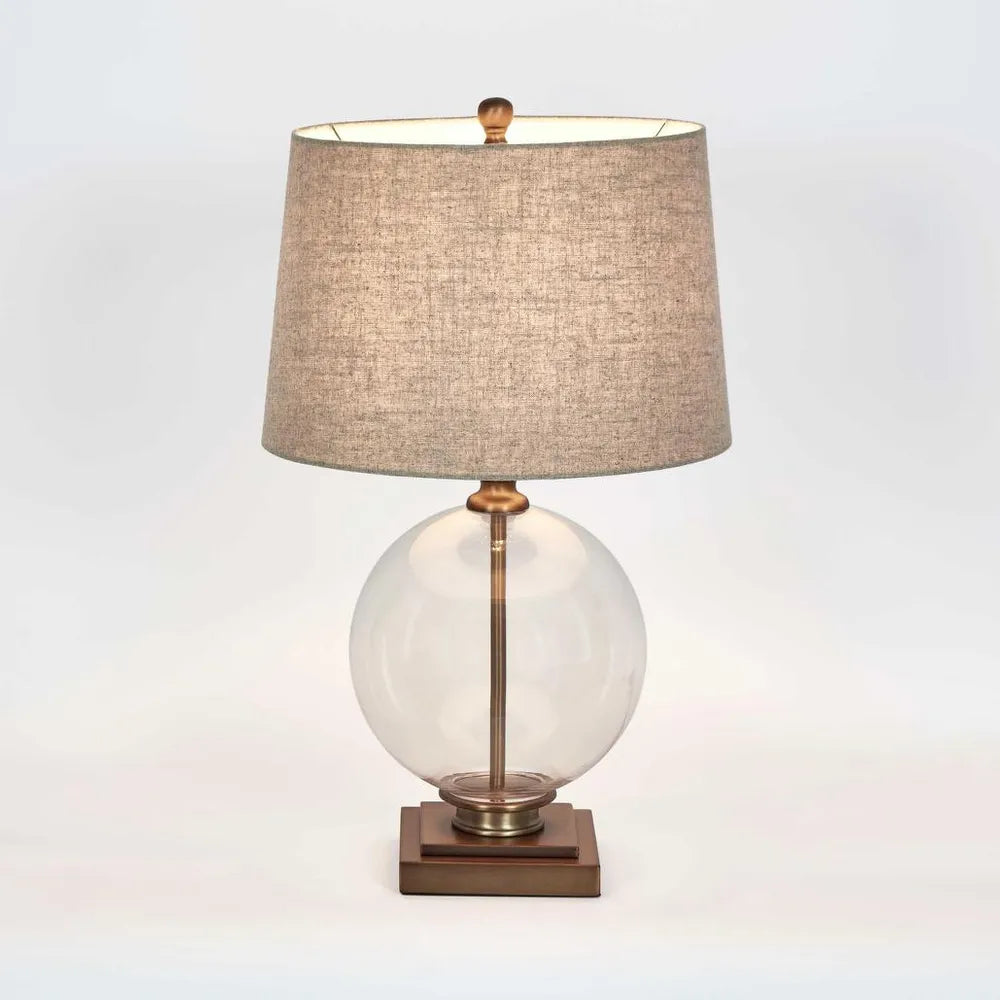 Antique Brass & Glass Lamp with Natural Linen Shad